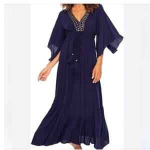 Back From Bali Blue V Neck with Embellishments Maxi Dress Short Sleeves Small